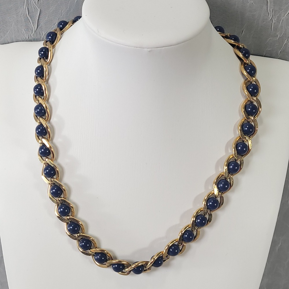 Napier Necklace Women 18 Inch Navy Blue Gold Intertwined Acrylic Bead Chain MCM